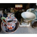 An Imari washbowl and ewer, Leonardo Gypsy caravan group, a cherub mounted vase etc Condition