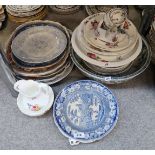 Assorted transfer printed pottery including platters, plates, washbowl etc Condition Report: No