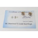 A pair of 9ct gold diamond set earrings, together with a Gems TV certificate weight 2.3gms Condition