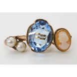 A large blue gem set retro ring, gem 20mm x 15mm, size Q1/2, a yellow metal twin pearl ring O1/2 and
