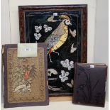 A butterfly wing and reverse painted panel of a bird, a copy of Gott Erhalte and a Victorian