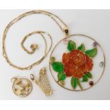 An 18ct gold plique a jour style cold enamelled pendant of a rose set with gems, weight 10.3gms,