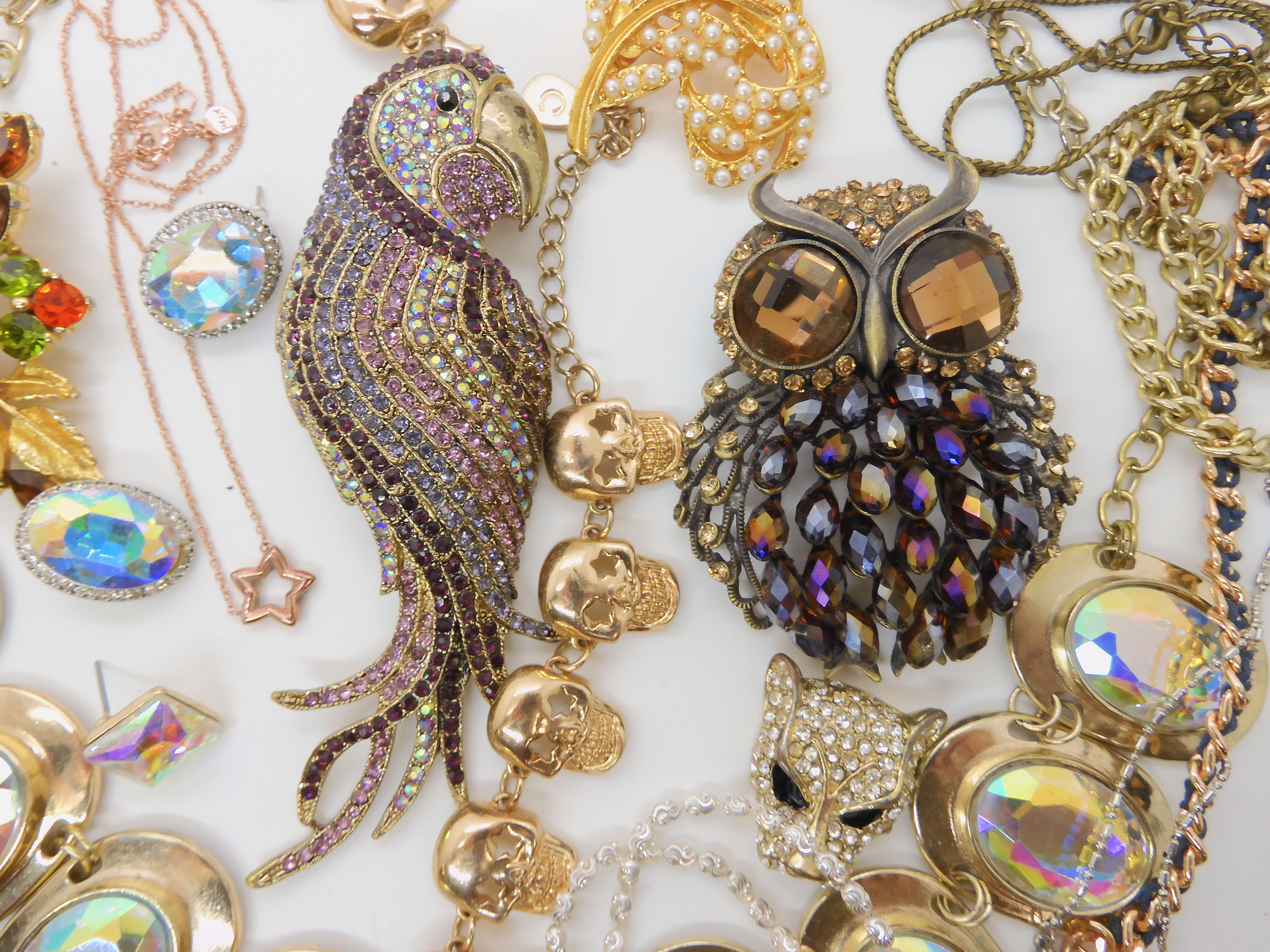 Two large parrot and owl brooches, two silver fancy chain necklaces and other items Condition - Image 2 of 4