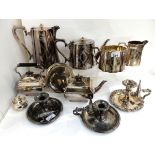 A tray lot of EP - tea services, chambersticks etc Condition Report: Available upon request