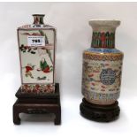 A Chinese crackleware vase on stand and a squared Japanese vase on stand Condition Report: