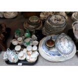 Assorted pottery plates, coffee cups and saucers, collection of antique teapots and wares etc