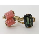 A German 8ct (stamped 333) gold retro ring set with a green gem, size Q and a further 8ct gold retro