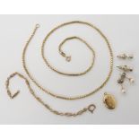 A 9ct gold box chain length 42cm and piece of 9ct chain, 9ct pearl earrings weight combined 9.