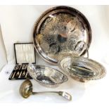 A lot comprising two EP baskets, a salver and a cased set of six cake forks Condition Report: