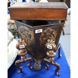 An Art Nouveau copper coal bucket, a pair of fire dogs and a carved wooden glove box dated 1919
