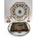 Two German porcelain platters, a petit point bag and two ring stands Condition Report: Available