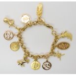 An Italian 18ct gold fancy link charm bracelet with eleven charms to include a Khanjar, horse, and