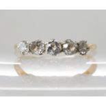 A yellow metal five stone diamond ring, set with estimated approx 0.38cts finger size Q1/2, weight