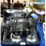 A pair of Chromed art deco candleholders, two Turkish lamps and a candlestick Condition Report: