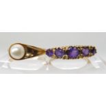 A 9ct gold five stone amethyst ring, size M, a 9ct pearl ring size M1/2, weight combined 5.7gms