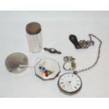 A silver and enamel compact, silver-cased pocket watch, silver brooch etc Condition Report: