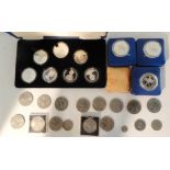 A lot comprising a cased set of silver coins - The Queen Mother, 1980, three cased silver