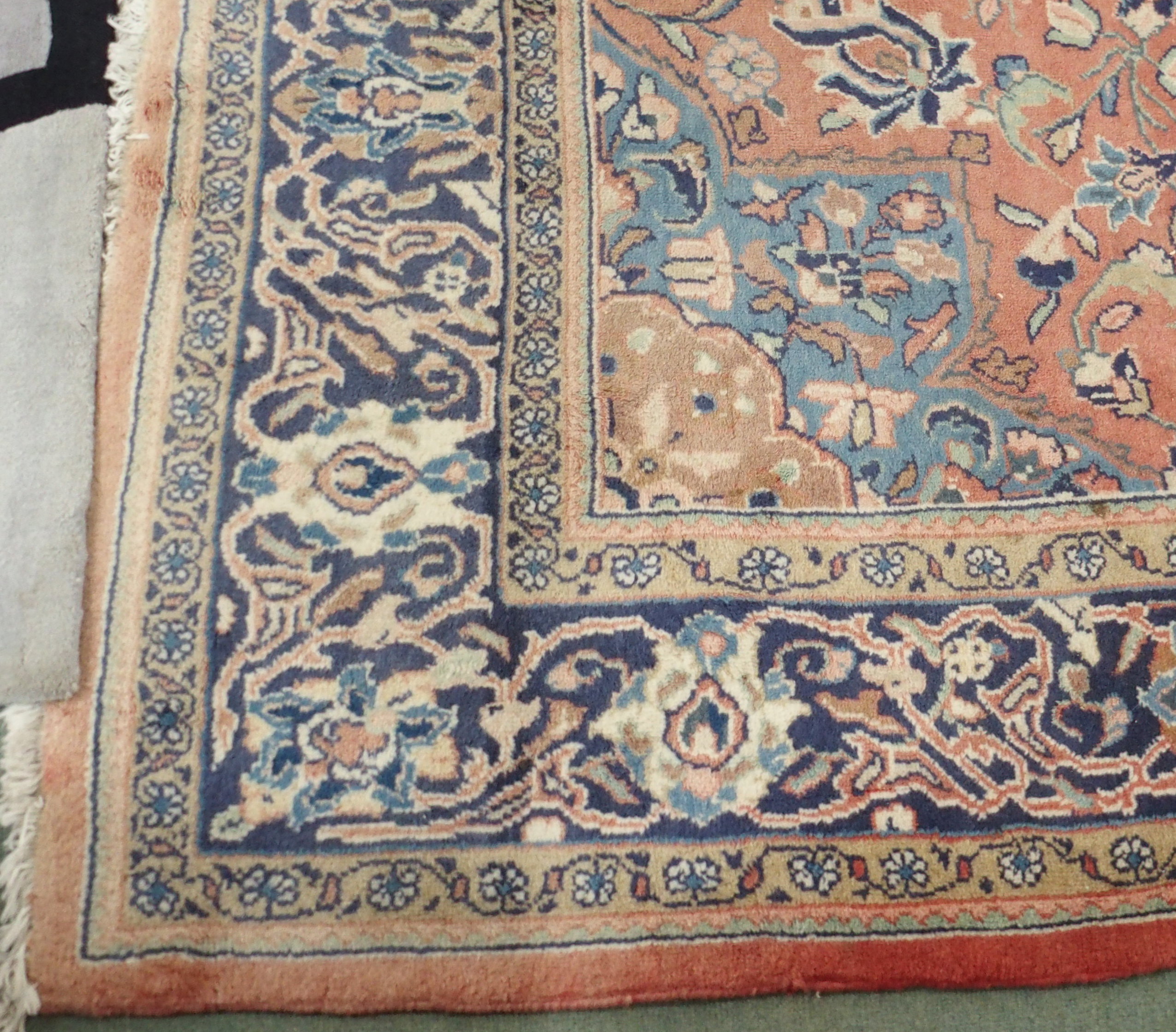 A red ground Keshan rug with blue central medallion, 342cm x 230cm Condition Report: Available - Image 3 of 5