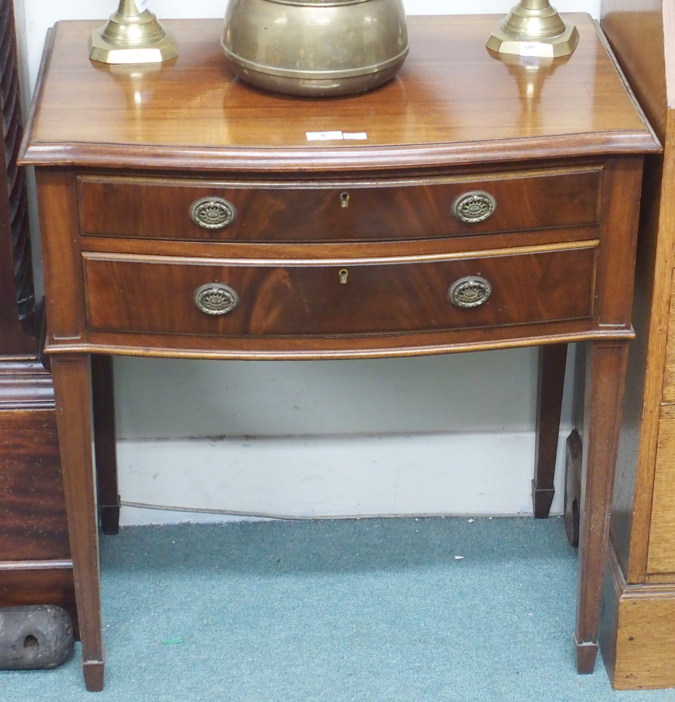 A mahogany two drawer cutlery cabinet by Brook & Son, 76cm high x 70cm wide x 45cm deep Condition