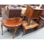 A mahogany demi lune fold over card table, coffee table and small cabinet (3) Condition Report:
