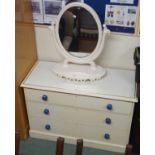 A painted three drawer chest, 76cm high x 114cm wide x 52cm deep and a toilet mirror (2) Condition