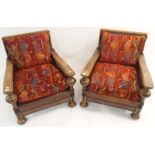 A pair of oak Bergere chairs with leather panels (2) Condition Report: Available upon request