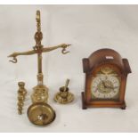 A Tempus Fugit mantle clock and a set of brass scales with weights (2) Condition Report: Available