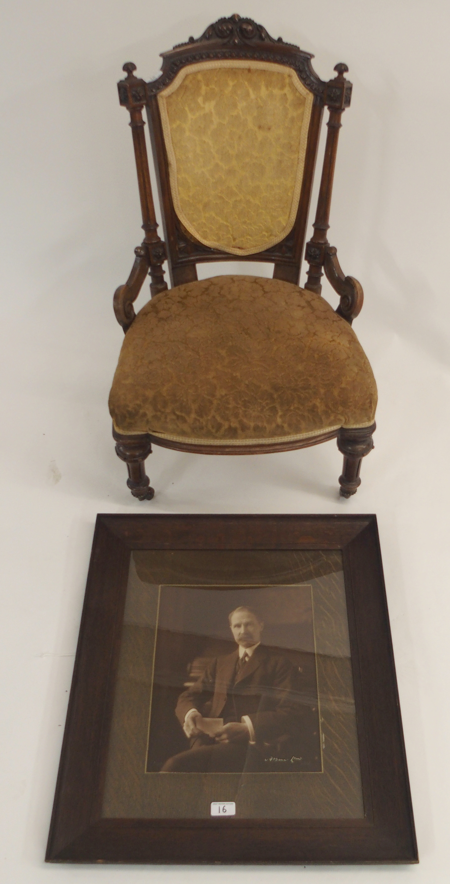 A Victorian walnut chair and a framed picture of Andrew Bonar Law (2) Condition Report: Available