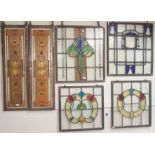 A pair of painted glass door panels and four stained and leaded glass panels (6) Condition Report: