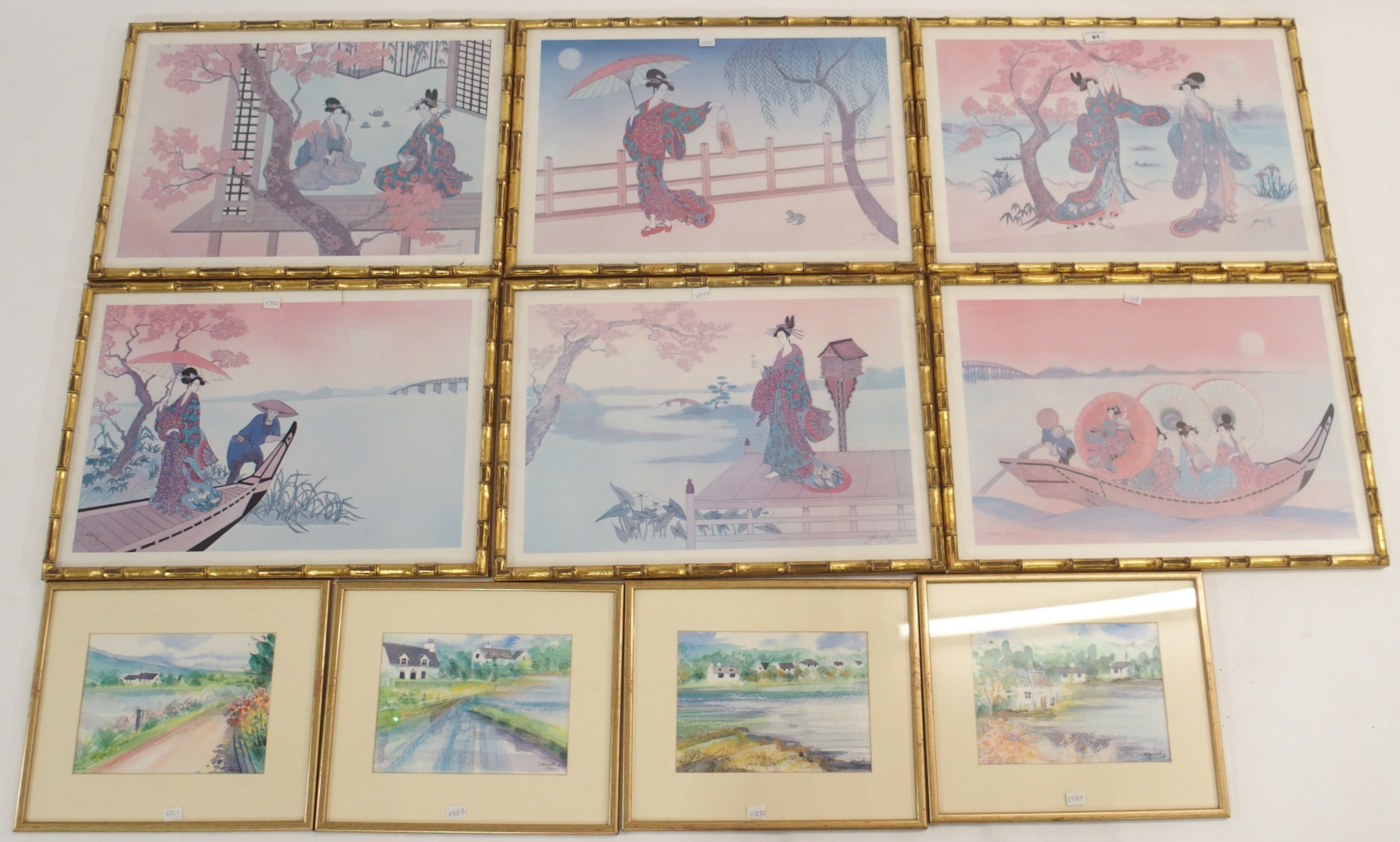A set of four watercolours signed Christine Henry and a set of six gilt faux bamboo framed