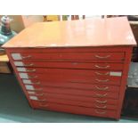 A red painted plan chest, 95cm high x 104cm wide x 66cm deep Condition Report: Available upon