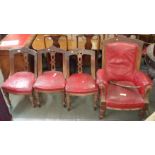A Victorian armchair with red leather seat and back with three matching chairs (4) Condition Report: