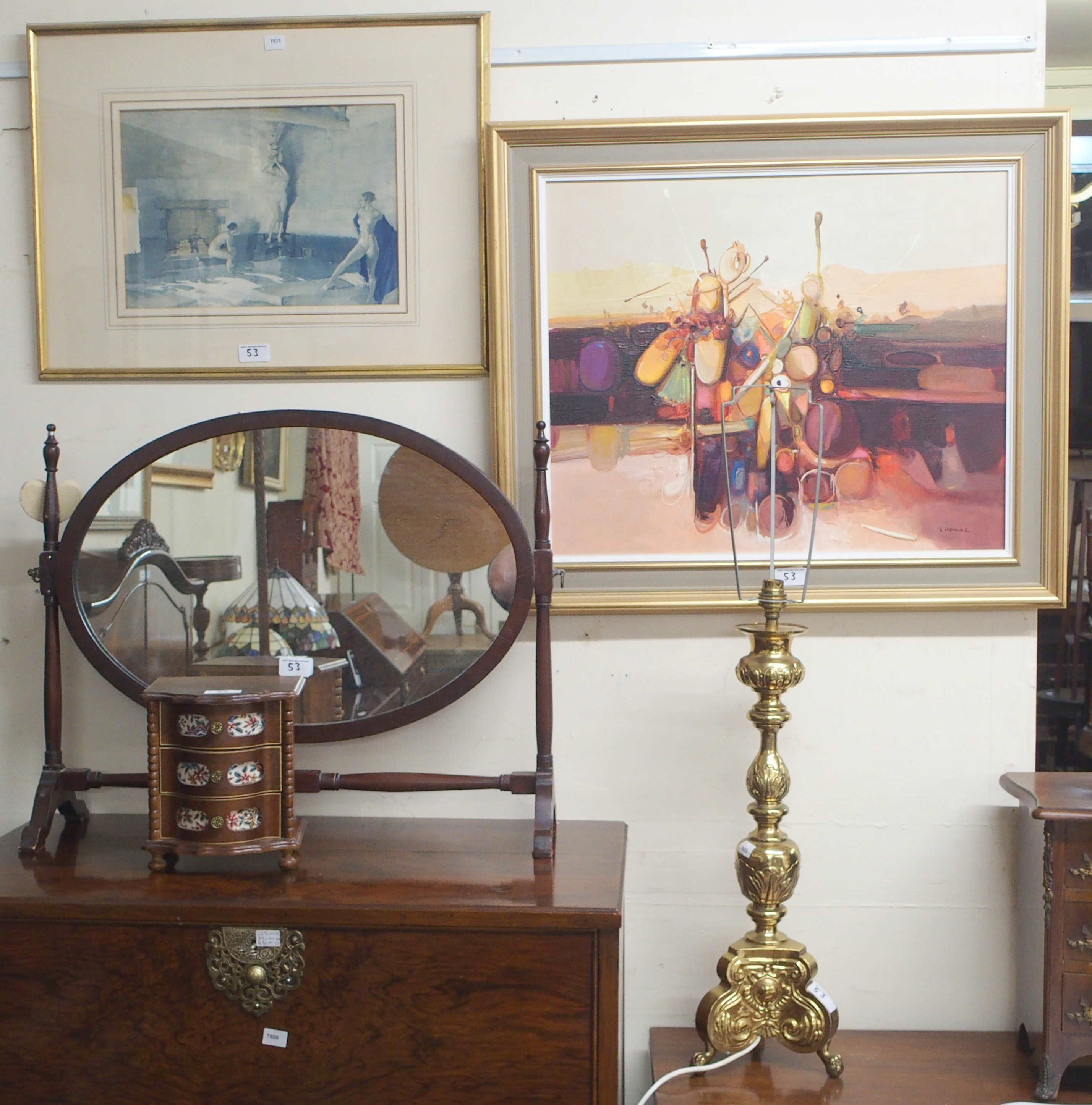 A mahogany toilet mirror, brass table lamp, jewellery box and two pictures (5) Condition Report: