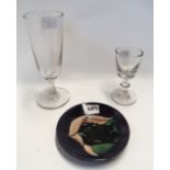 A cordial glass, another glass and a Moorcroft pin dish Condition Report: Available upon request