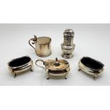 A lot comprising five assorted silver salts, peppers and mustard pots (assorted marks), 168gms