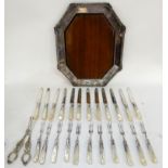 A lot comprising a part set (missing a fork) EP and mother of pearl dessert cutlery set, a pair of