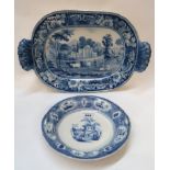 A blue and white transfer printed two handled pottery platter depicting Valle Crucis Abbey, Wales,