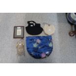 Assorted ladies evening bags, a tea cosy and a small overpainted photograph Condition Report: