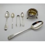 A lot comprising a silver tablespoon, London 1785, a silver salt, London 1846, three silver spoons
