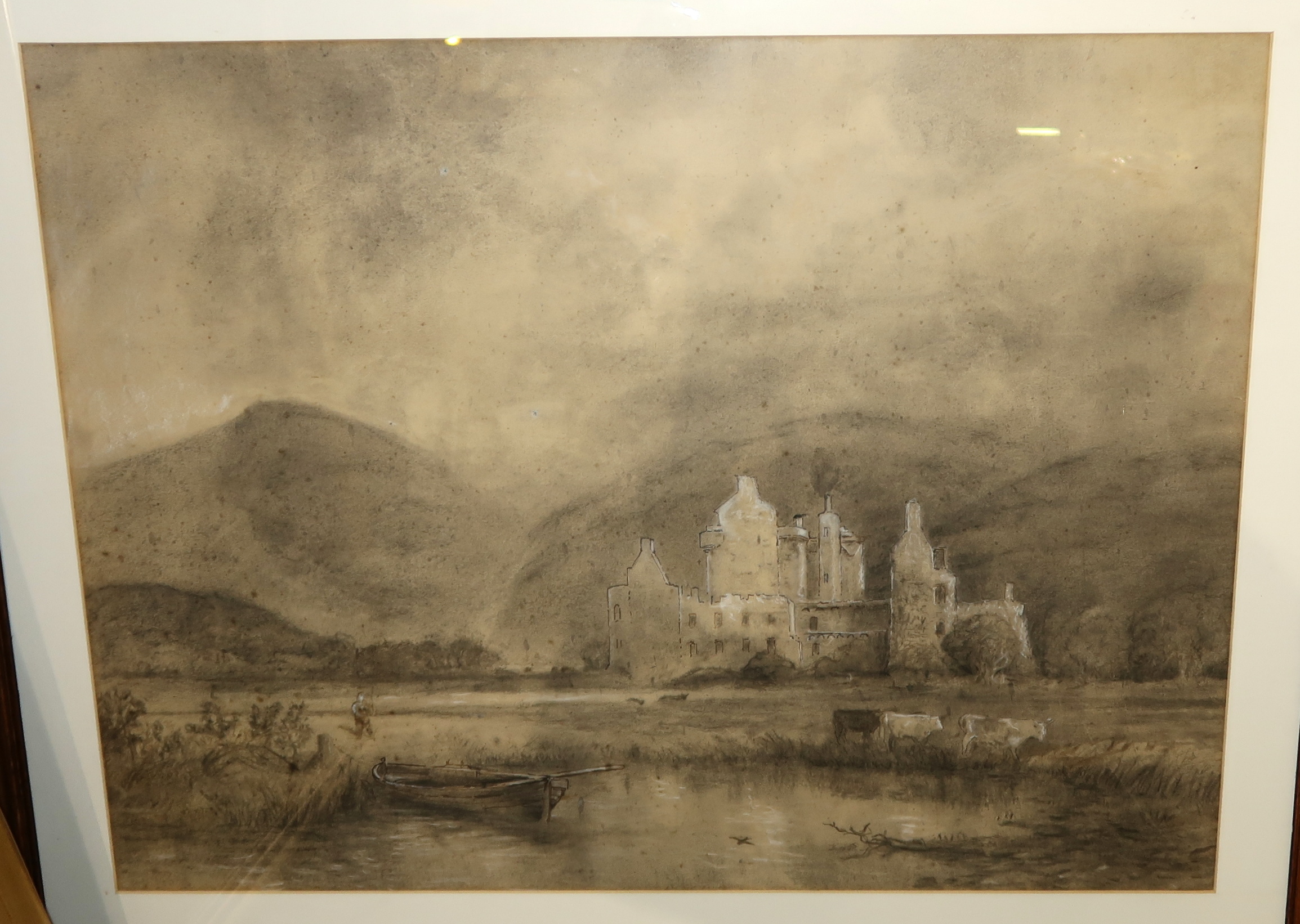 SCOTTISH SCHOOL Kilchurn Castle, charcoal, chalk and pencil, 53 x 70cm Condition Report: Available