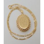A 9ct gold locket dimensions 4.4cm x 2.8cm, with 9ct gold figaro chain length 44cm, weight 11.4gms