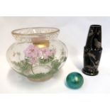 A Galle style clear glass vase with enamel flower, leaf and bug decoration, 16cm high, a silvered
