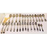 A lot comprising eleven silver teaspoons, Glasgow 1844 (224gms), a quantity of EP spoons, five