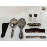 A lot comprising a three piece silver plated dressing table set, three jars, pin dish etc