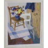 MIKE COUTTS Flowers on Christophers Chair, signed, oil on board, 29 x 22cm Condition Report: