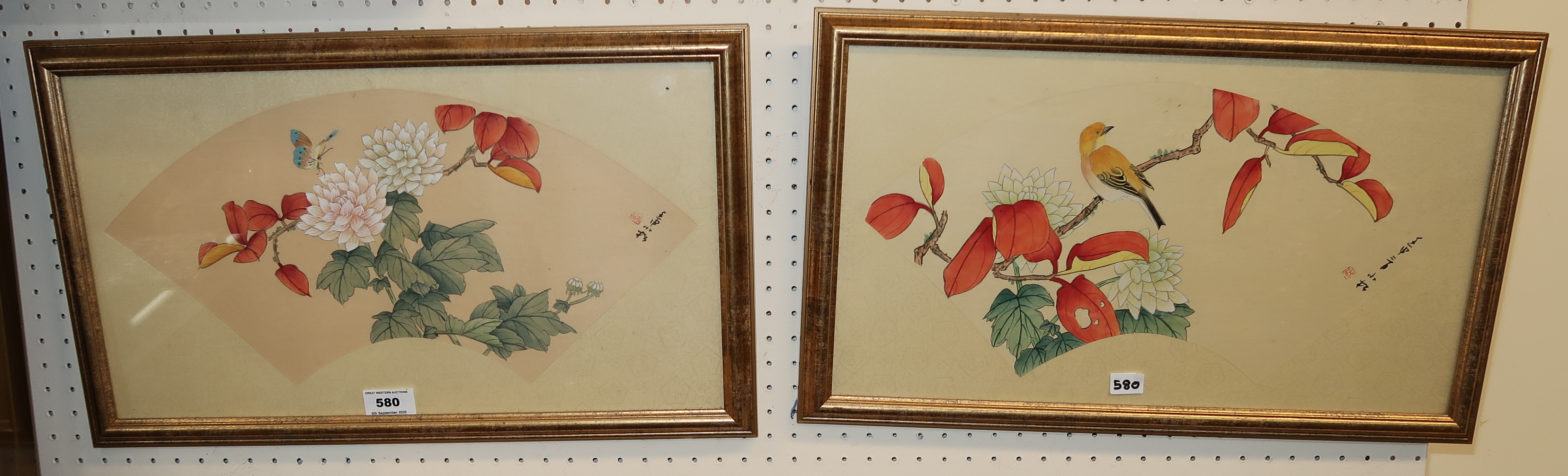 A pair of Japanese fan shaped watercolours Condition Report: Available upon request