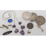 Three Victorian silver coins, A Girls association badge and a silver and enamelled Norwegian