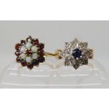 A 9ct gold sapphire and illusion set diamond cluster ring size Q, together with a 9ct garnet and