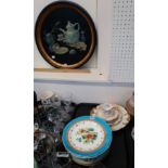 A hand painted tea tray together with a Minton flower painted plate and tazza, other dessert