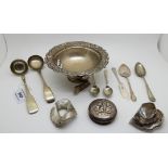 A lot comprising a silver bowl, marked 925, a silver jar top, two EP sauce ladles, two EP spoons,